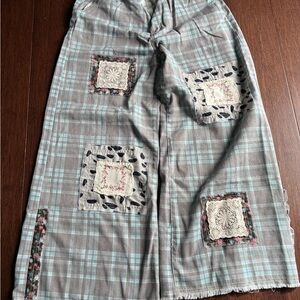POL Gray and Blue Plaid Wide Leg Patch Work Pants